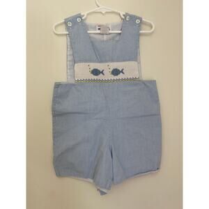 Hand Smocked Silly Goose Blue White Toddler Boy Romper Fish Summer Gingham 2